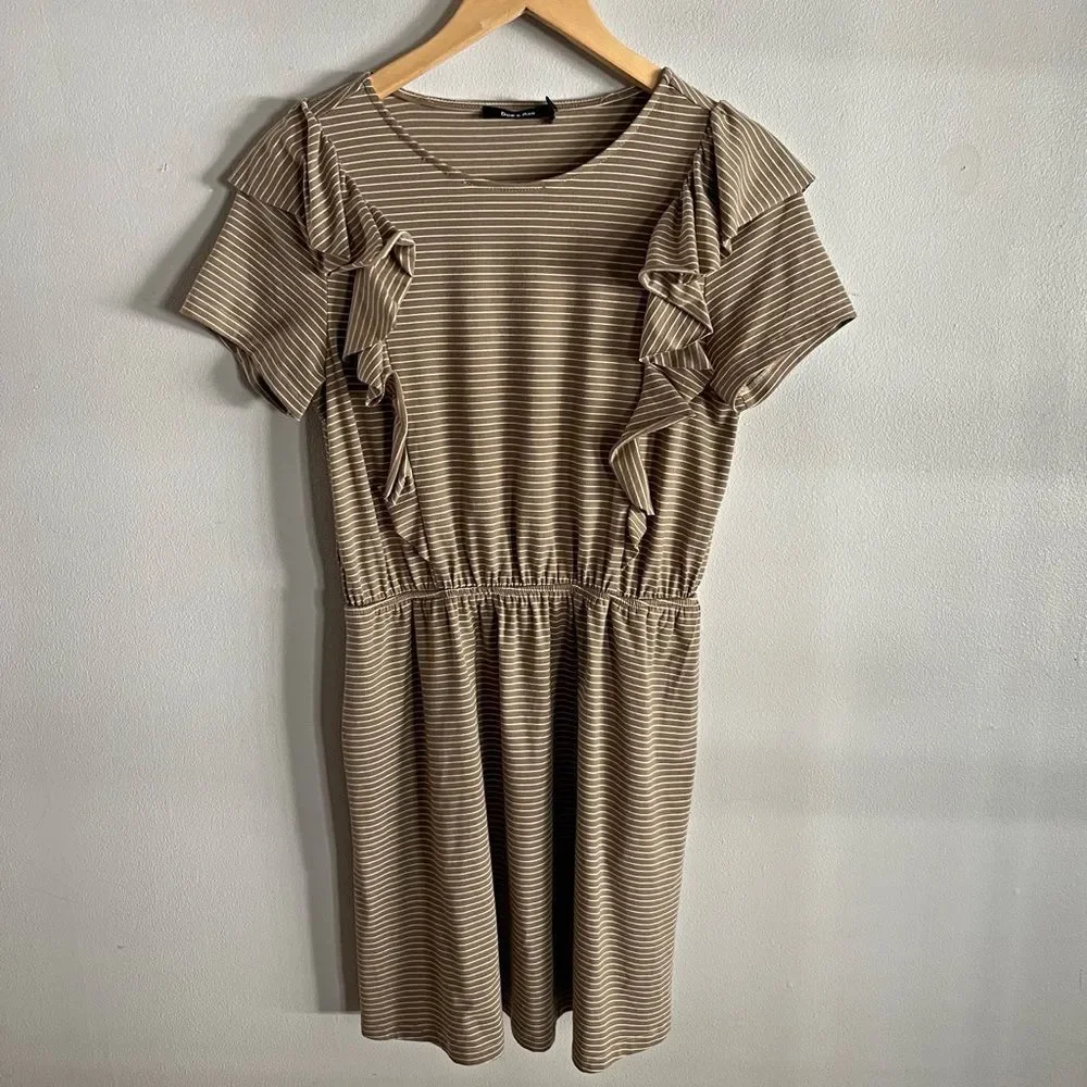 Doe & Rae Striped Ruffle Sleeve Mini Dress Tan White Short Sleeve Pockets S